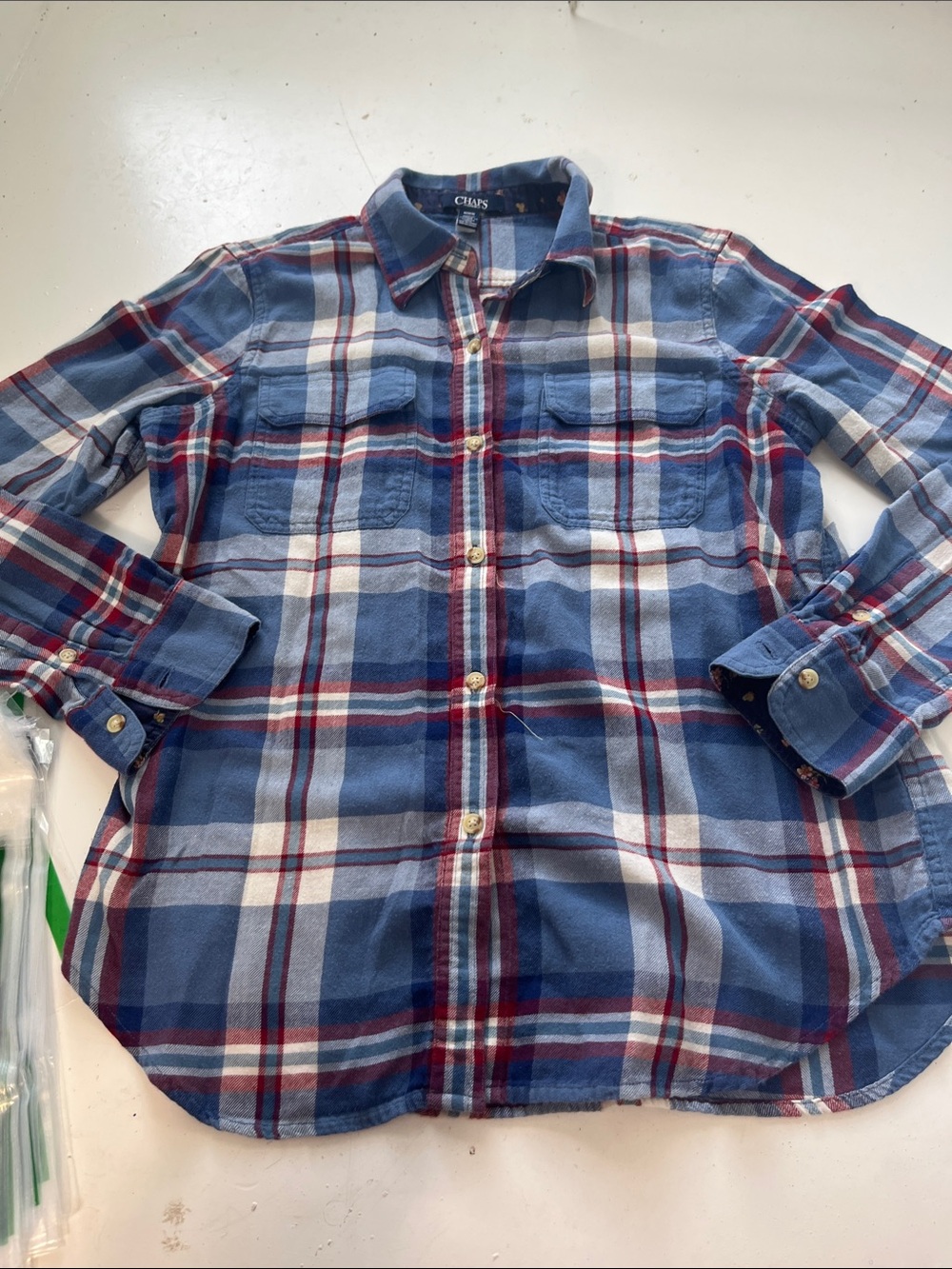 Chaps Denim Medium Long Sleeve Blue Plaid Flannel Button Up Collared Top
